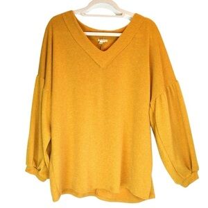 1.4.3. Story Knit French Terry Golden Mustard Balloon Sleeve V Neck Top, Size 3X